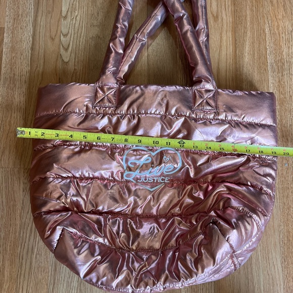 Pink Metallic Justice Puffer Tote Bag Purse 26x19” Women’s/kids rare y2k fashion - Picture 2 of 6